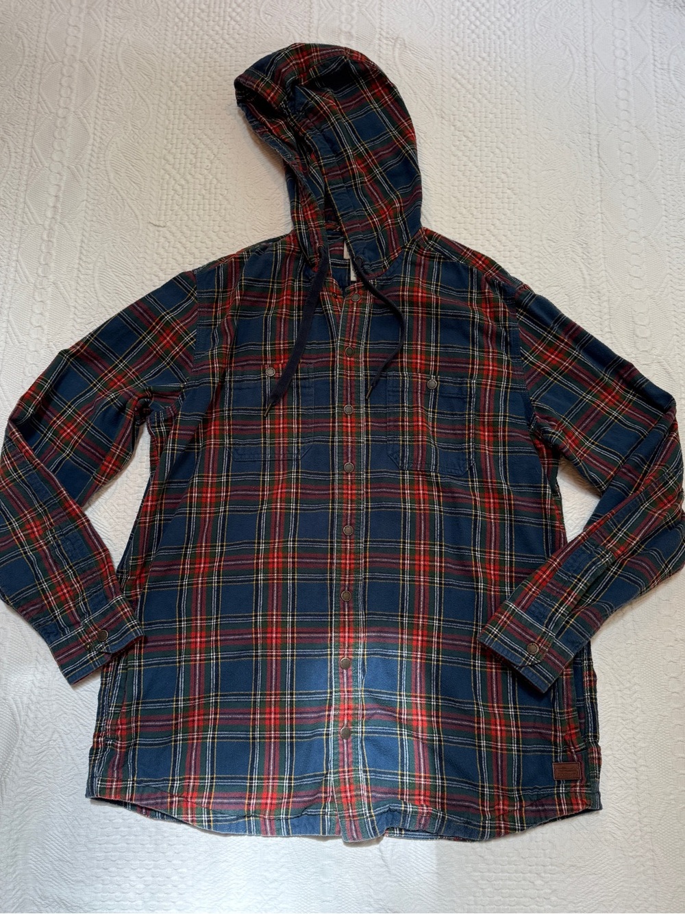 LL Bean Scotch Plaid Flannel Hooded Shirt L Tall Slightly Fitted Jacket Shacket